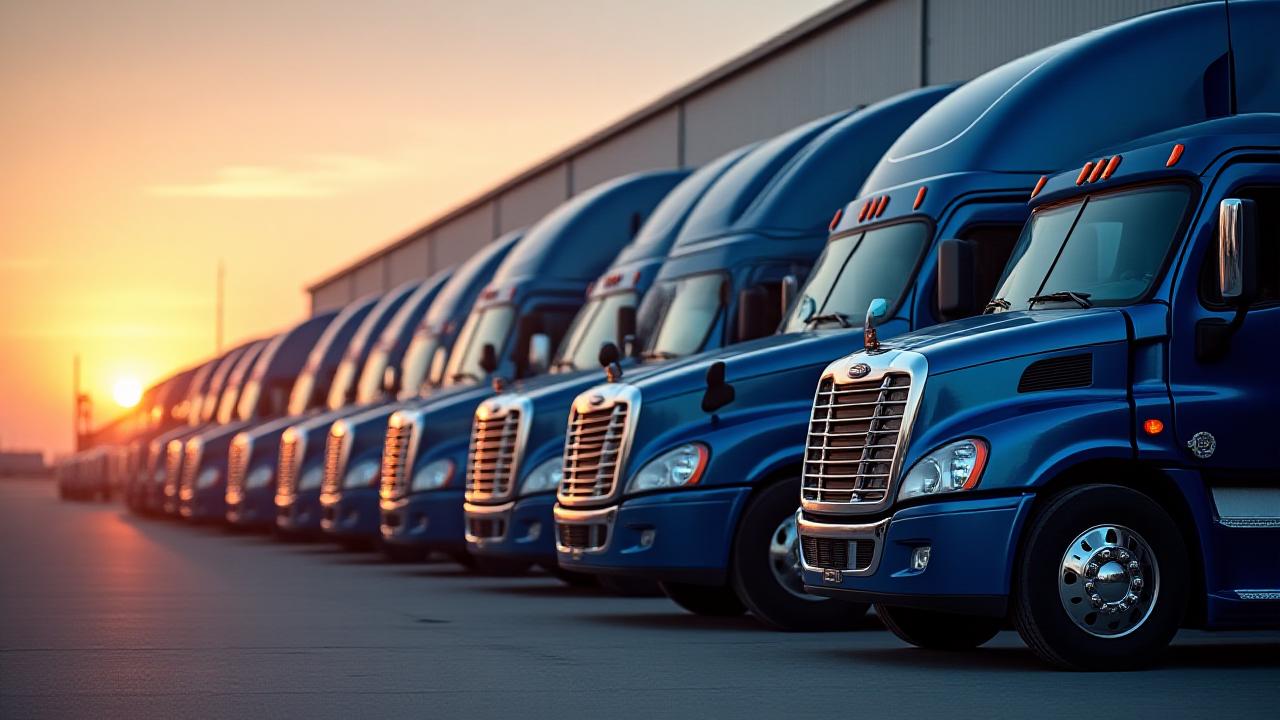A clean lineup of New Era Trucking dedicated fleet vehicles ready for departure