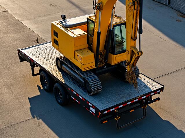 Yellow excavator secured on a lowboy trailer