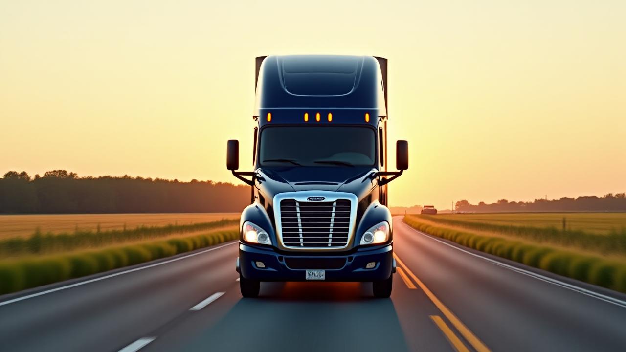 New Era Trucking commercial semi-truck navigating a scenic Minnesota highway at dawn