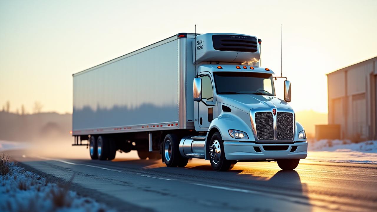 Modern refrigerated trailer on a clear frosty morning
